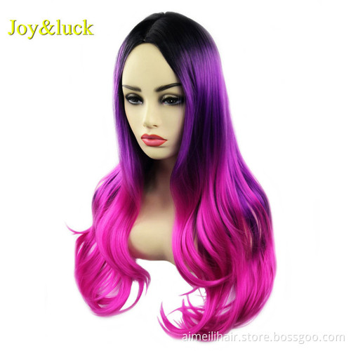 Long Natural Wavy Wig for Women Middle Part Daily Hair or Halloween Party Cosplay Wig Black Ombre Purple Synthetic Hair Wigs
